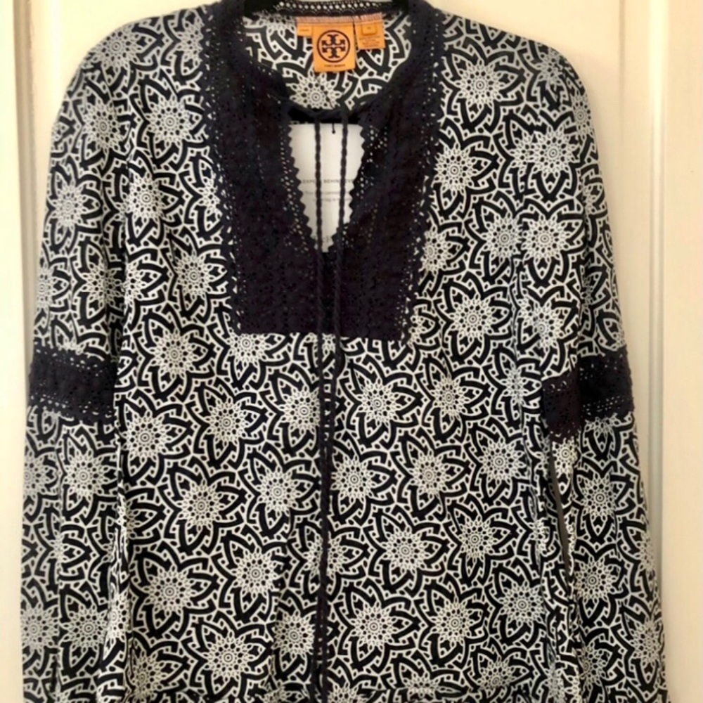 Tory Burch Medallion flowers Navy Tunic Blouse